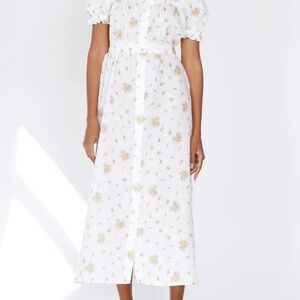 Sleeper Brigitte Floral-Print Midi Linen Dress in MIMOSA